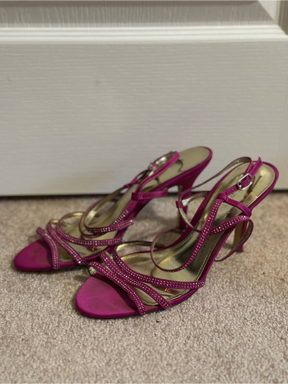Nine West Fuchsia Satin Strappy Heels with Rhinestone Detail
